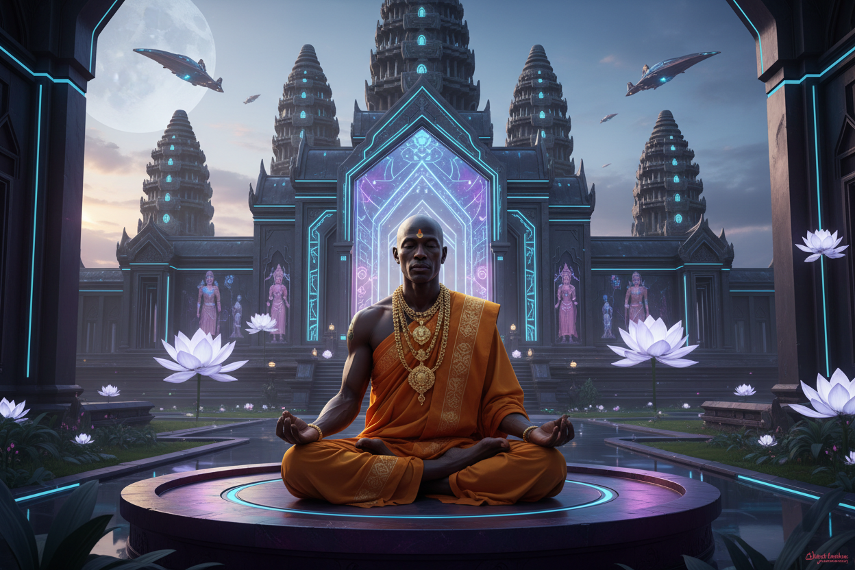generate the image of a dark skinned meditating yogi with gold chains around his neck outside of a futuristic angkor watt temple